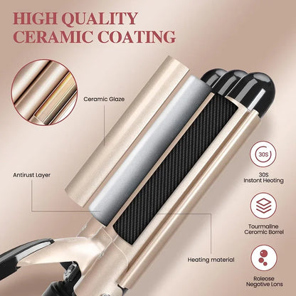 Curling Iron Wand With Lcd Temperature Display - 1 Inch Ceramic Tourmaline Triple Barrels Coating Hair Curler