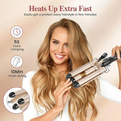 Curling Iron Wand With Lcd Temperature Display - 1 Inch Ceramic Tourmaline Triple Barrels Coating Hair Curler